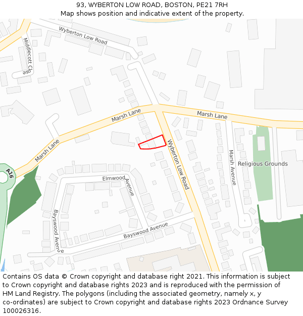 93, WYBERTON LOW ROAD, BOSTON, PE21 7RH: Location map and indicative extent of plot