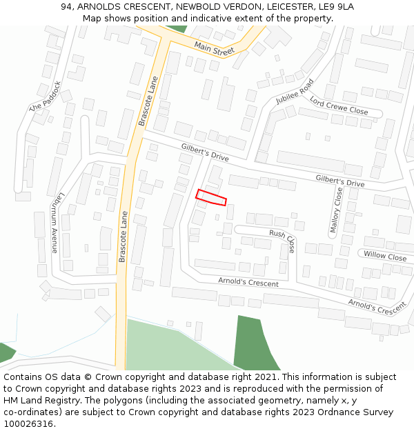 94, ARNOLDS CRESCENT, NEWBOLD VERDON, LEICESTER, LE9 9LA: Location map and indicative extent of plot