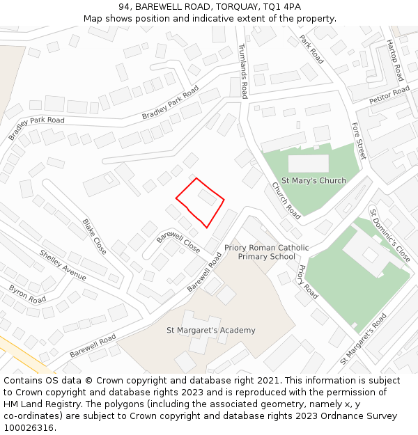 94, BAREWELL ROAD, TORQUAY, TQ1 4PA: Location map and indicative extent of plot