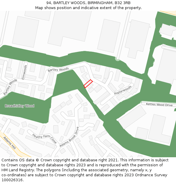 94, BARTLEY WOODS, BIRMINGHAM, B32 3RB: Location map and indicative extent of plot