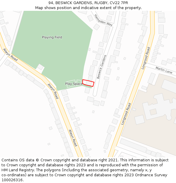 94, BESWICK GARDENS, RUGBY, CV22 7PR: Location map and indicative extent of plot