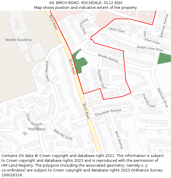 94, BIRCH ROAD, ROCHDALE, OL12 9QN: Location map and indicative extent of plot