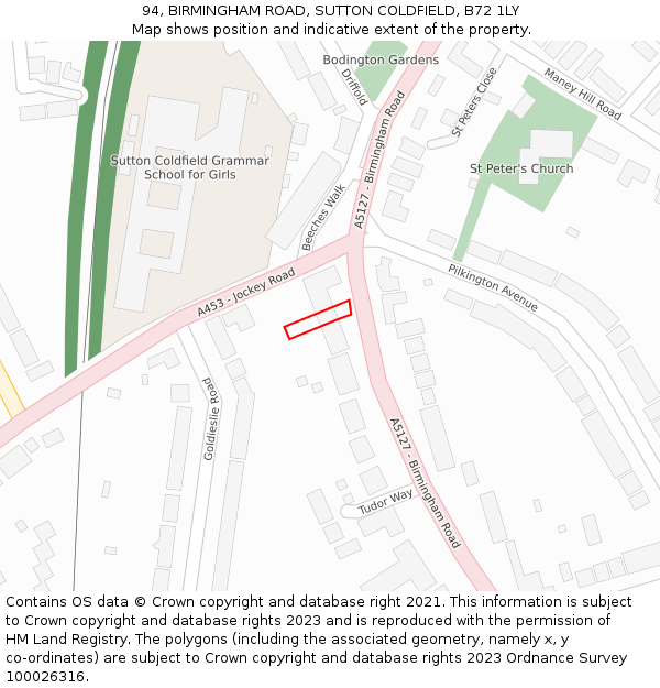 94, BIRMINGHAM ROAD, SUTTON COLDFIELD, B72 1LY: Location map and indicative extent of plot