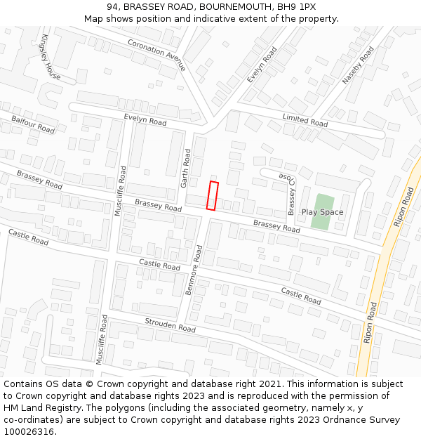94, BRASSEY ROAD, BOURNEMOUTH, BH9 1PX: Location map and indicative extent of plot