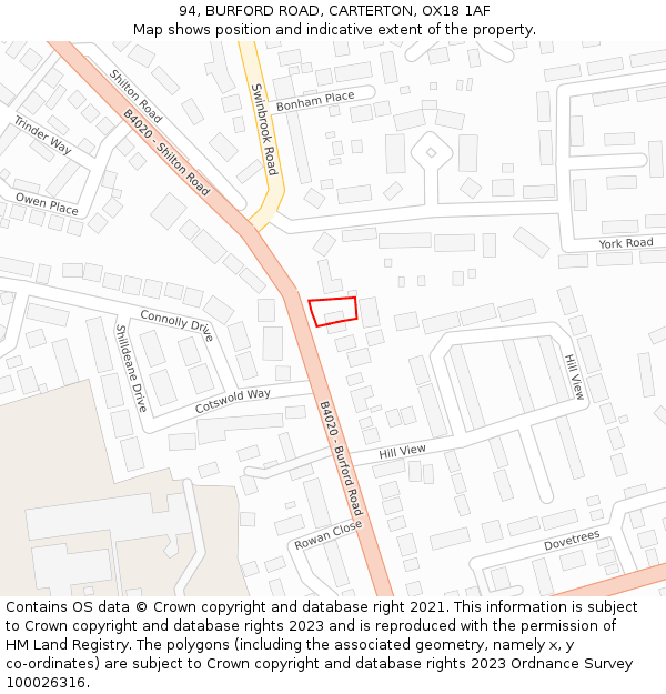 94, BURFORD ROAD, CARTERTON, OX18 1AF: Location map and indicative extent of plot