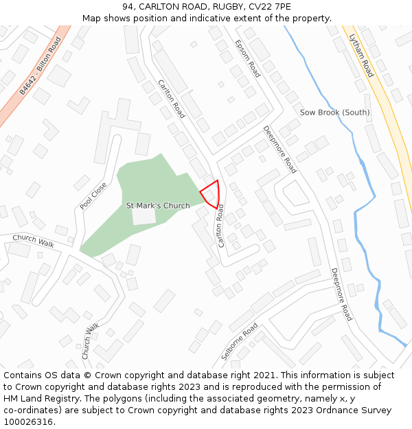 94, CARLTON ROAD, RUGBY, CV22 7PE: Location map and indicative extent of plot