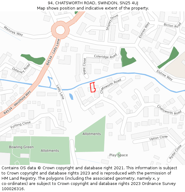 94, CHATSWORTH ROAD, SWINDON, SN25 4UJ: Location map and indicative extent of plot