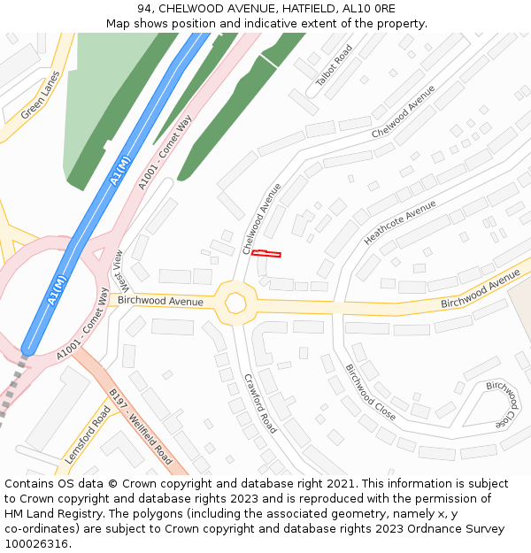 94, CHELWOOD AVENUE, HATFIELD, AL10 0RE: Location map and indicative extent of plot