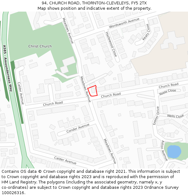 94, CHURCH ROAD, THORNTON-CLEVELEYS, FY5 2TX: Location map and indicative extent of plot