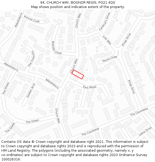 94, CHURCH WAY, BOGNOR REGIS, PO21 4QS: Location map and indicative extent of plot