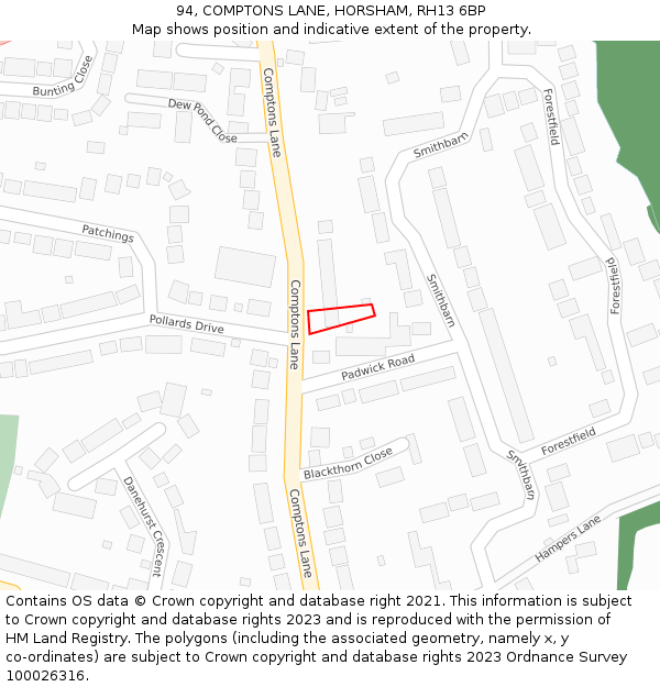 94, COMPTONS LANE, HORSHAM, RH13 6BP: Location map and indicative extent of plot