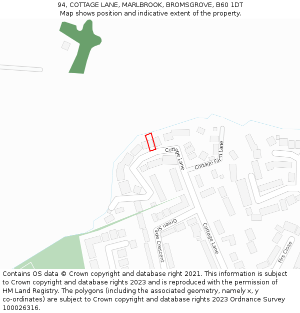 94, COTTAGE LANE, MARLBROOK, BROMSGROVE, B60 1DT: Location map and indicative extent of plot