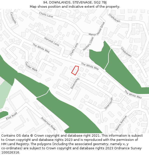 94, DOWNLANDS, STEVENAGE, SG2 7BJ: Location map and indicative extent of plot