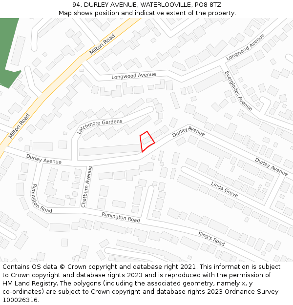 94, DURLEY AVENUE, WATERLOOVILLE, PO8 8TZ: Location map and indicative extent of plot