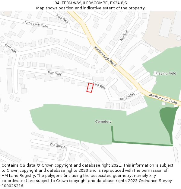 94, FERN WAY, ILFRACOMBE, EX34 8JS: Location map and indicative extent of plot