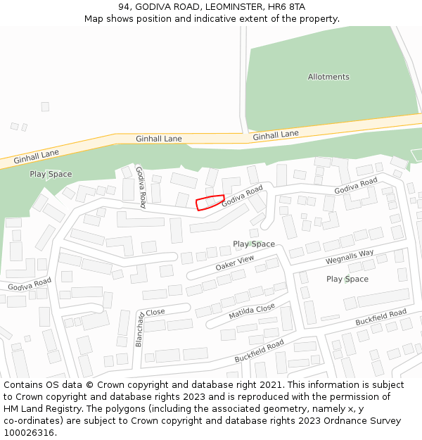 94, GODIVA ROAD, LEOMINSTER, HR6 8TA: Location map and indicative extent of plot