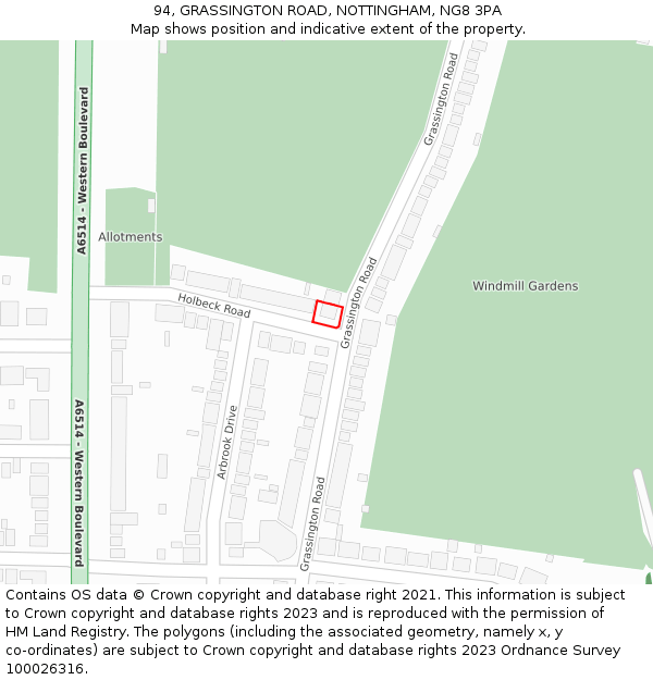 94, GRASSINGTON ROAD, NOTTINGHAM, NG8 3PA: Location map and indicative extent of plot
