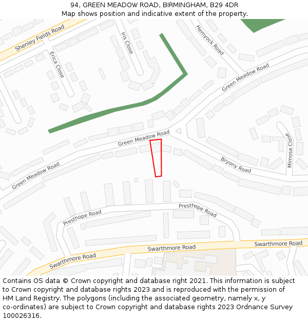 94, GREEN MEADOW ROAD, BIRMINGHAM, B29 4DR: Location map and indicative extent of plot