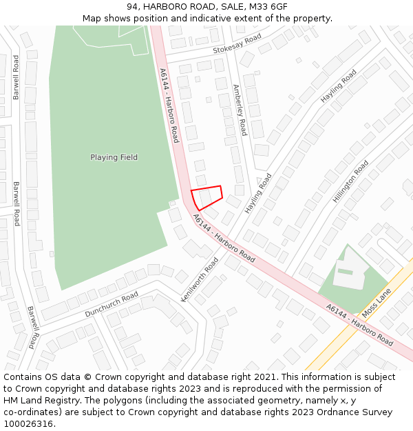 94, HARBORO ROAD, SALE, M33 6GF: Location map and indicative extent of plot