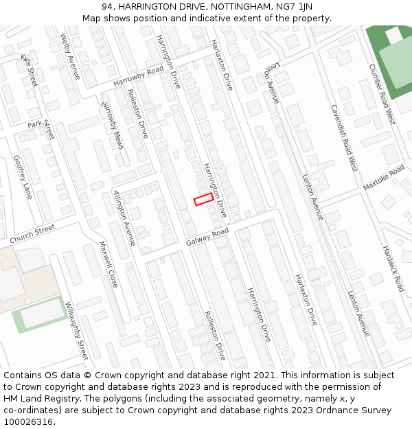 94, HARRINGTON DRIVE, NOTTINGHAM, NG7 1JN: Location map and indicative extent of plot