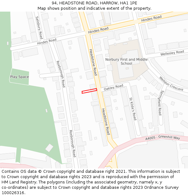 94, HEADSTONE ROAD, HARROW, HA1 1PE: Location map and indicative extent of plot