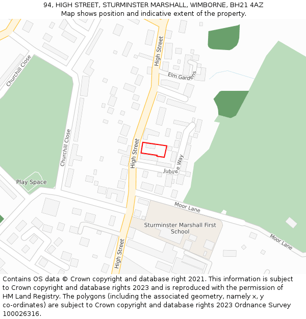 94, HIGH STREET, STURMINSTER MARSHALL, WIMBORNE, BH21 4AZ: Location map and indicative extent of plot