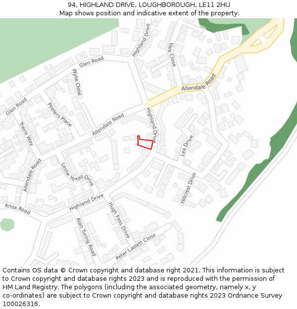 94, HIGHLAND DRIVE, LOUGHBOROUGH, LE11 2HU: Location map and indicative extent of plot