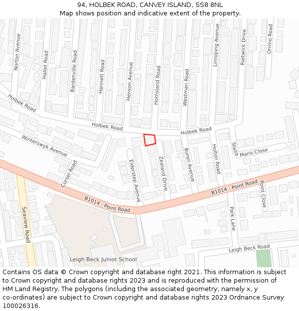 94, HOLBEK ROAD, CANVEY ISLAND, SS8 8NL: Location map and indicative extent of plot