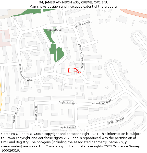 94, JAMES ATKINSON WAY, CREWE, CW1 3NU: Location map and indicative extent of plot