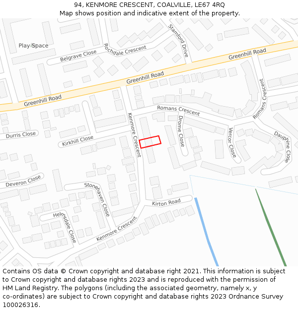 94, KENMORE CRESCENT, COALVILLE, LE67 4RQ: Location map and indicative extent of plot