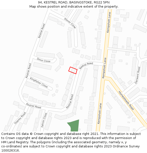 94, KESTREL ROAD, BASINGSTOKE, RG22 5PN: Location map and indicative extent of plot