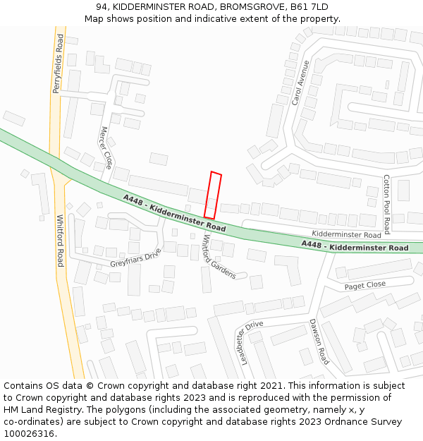 94, KIDDERMINSTER ROAD, BROMSGROVE, B61 7LD: Location map and indicative extent of plot