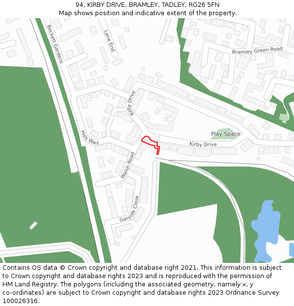 94, KIRBY DRIVE, BRAMLEY, TADLEY, RG26 5FN: Location map and indicative extent of plot