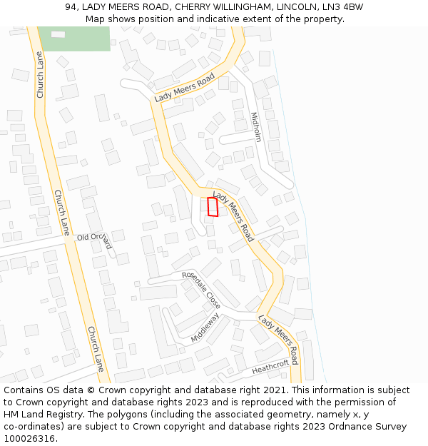 94, LADY MEERS ROAD, CHERRY WILLINGHAM, LINCOLN, LN3 4BW: Location map and indicative extent of plot