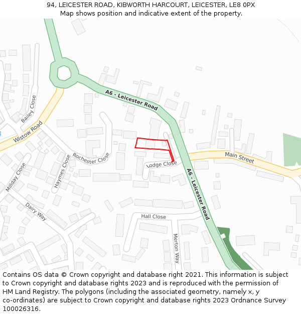 94, LEICESTER ROAD, KIBWORTH HARCOURT, LEICESTER, LE8 0PX: Location map and indicative extent of plot