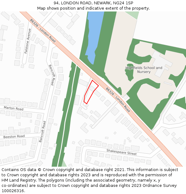 94, LONDON ROAD, NEWARK, NG24 1SP: Location map and indicative extent of plot