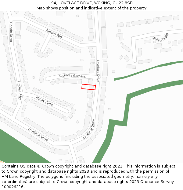 94, LOVELACE DRIVE, WOKING, GU22 8SB: Location map and indicative extent of plot
