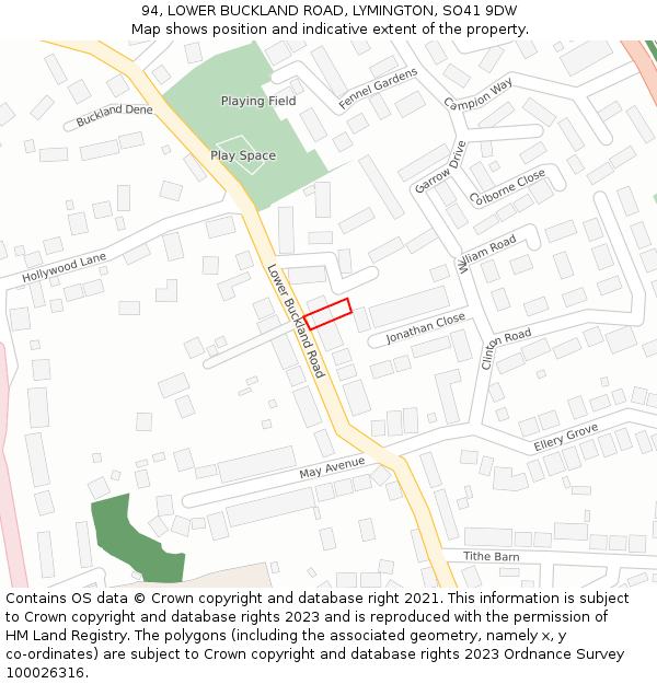 94, LOWER BUCKLAND ROAD, LYMINGTON, SO41 9DW: Location map and indicative extent of plot