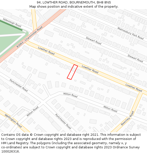 94, LOWTHER ROAD, BOURNEMOUTH, BH8 8NS: Location map and indicative extent of plot