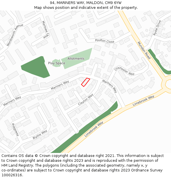 94, MARINERS WAY, MALDON, CM9 6YW: Location map and indicative extent of plot