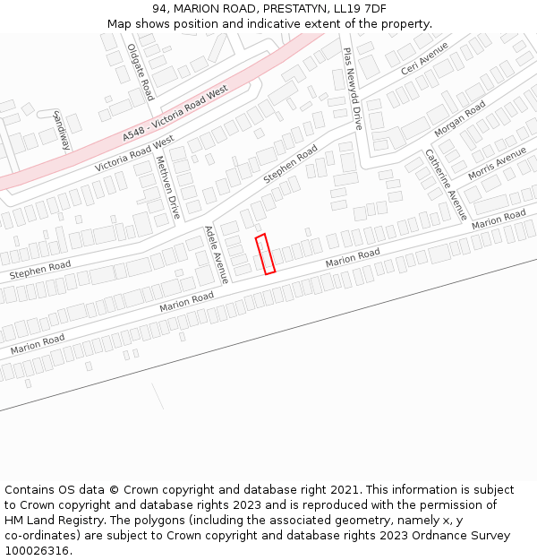 94, MARION ROAD, PRESTATYN, LL19 7DF: Location map and indicative extent of plot