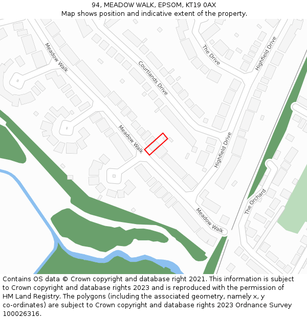 94, MEADOW WALK, EPSOM, KT19 0AX: Location map and indicative extent of plot