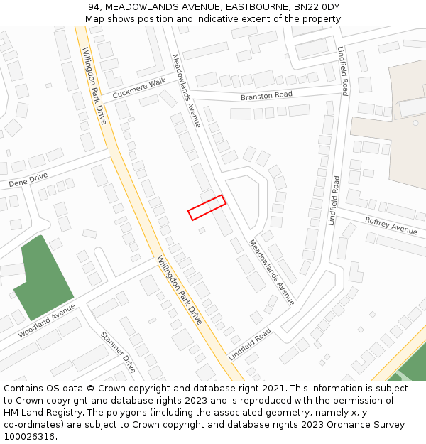94, MEADOWLANDS AVENUE, EASTBOURNE, BN22 0DY: Location map and indicative extent of plot