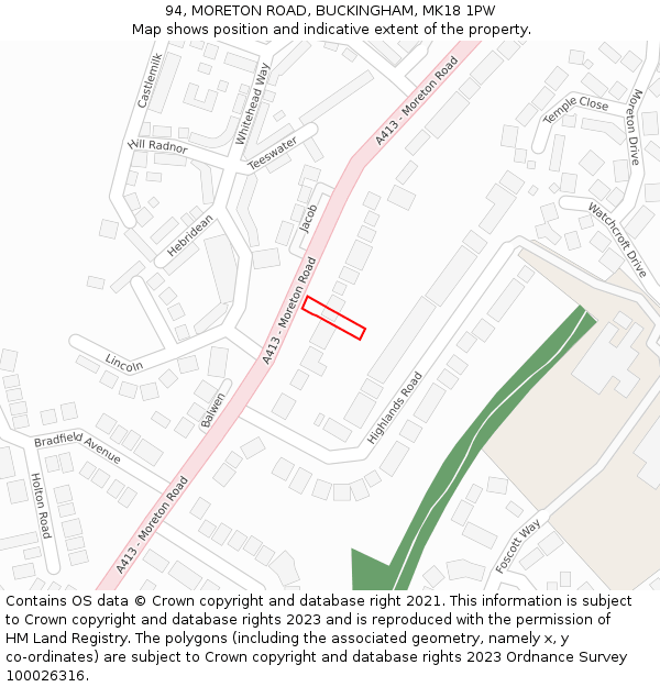 94, MORETON ROAD, BUCKINGHAM, MK18 1PW: Location map and indicative extent of plot