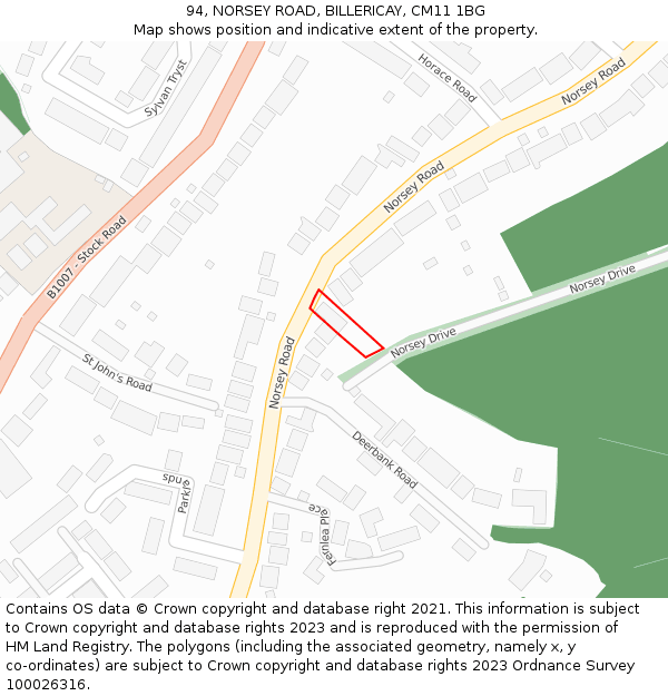94, NORSEY ROAD, BILLERICAY, CM11 1BG: Location map and indicative extent of plot