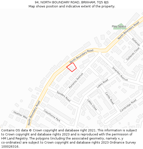 94, NORTH BOUNDARY ROAD, BRIXHAM, TQ5 8JS: Location map and indicative extent of plot