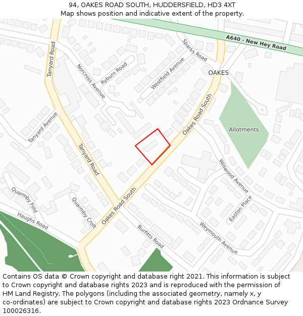 94, OAKES ROAD SOUTH, HUDDERSFIELD, HD3 4XT: Location map and indicative extent of plot