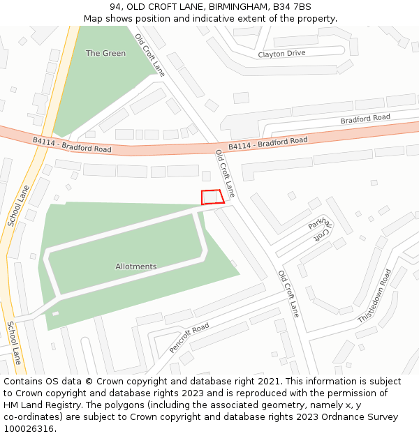 94, OLD CROFT LANE, BIRMINGHAM, B34 7BS: Location map and indicative extent of plot