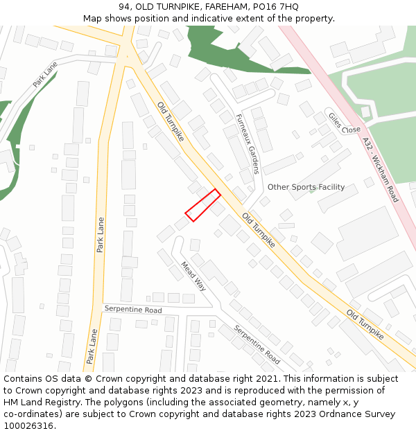 94, OLD TURNPIKE, FAREHAM, PO16 7HQ: Location map and indicative extent of plot