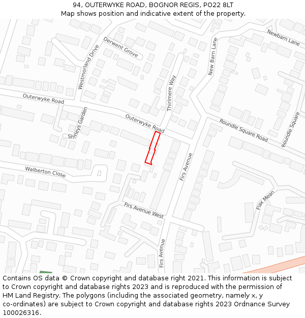 94, OUTERWYKE ROAD, BOGNOR REGIS, PO22 8LT: Location map and indicative extent of plot